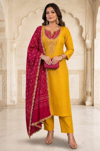 RICH LOOK SLUB COTTON EMBROIDERY WORK TOP BOTTOM WITH DUPATTA YELLOW