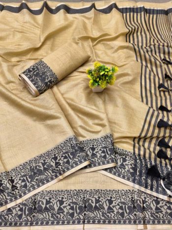 TRADITIONAL COTTON SOFT SILK JACQUARD WEAVING BORDER WORK SAREE WITH UNSTITCHED BLOUSE LIGHT YELLOW
