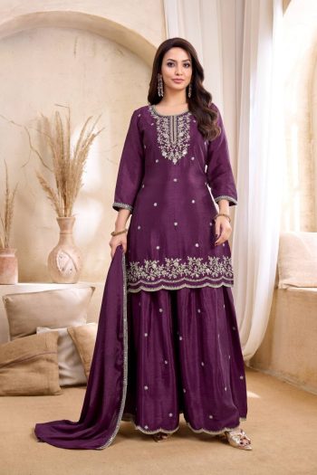 TRENDING CHINON EMBROIDERY, SEQUENCE & CODING WORK TOP PALAZZO WITH DUPATTA WINE