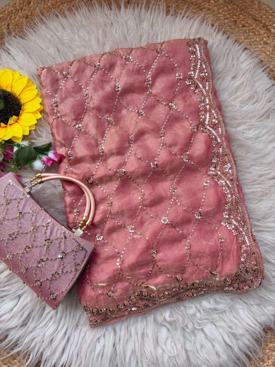 6DESIGNER SPACE SILK ORIGINAL GOLD BEADS WORK WITH CUT WORK BORDER SAREE WITH UNSTITCHED BLOUSE WITH SAME PURSE PARTY WEAR WHOLESALE PRICE ETHNIC GARMENT (20)
