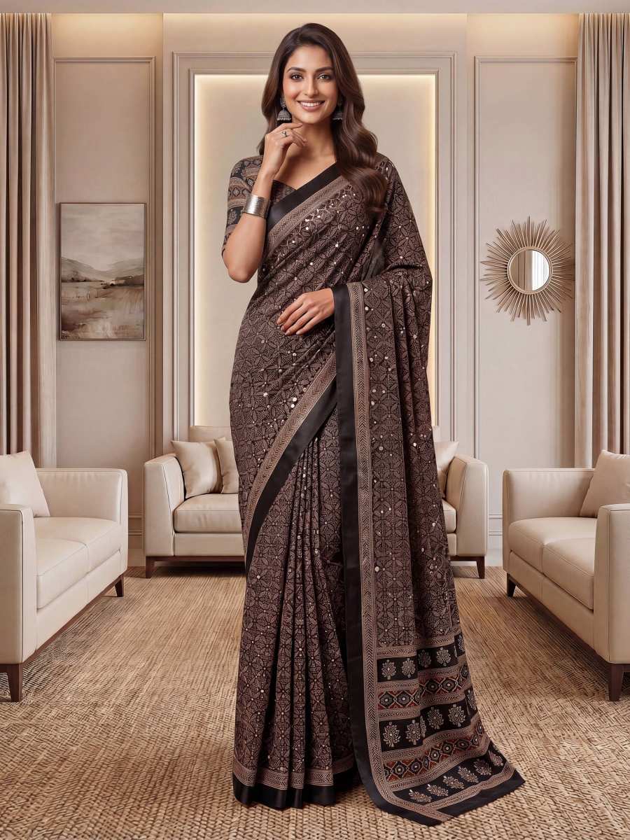 6MODERN CHINON DIGITAL AJRAK PRINT WITH REAL MIRROR WORK SAREE WITH UNSTITCHED BLOUSE PARTY WEAR WHOLESALE PRICE ETHNIC GARMENT (50)