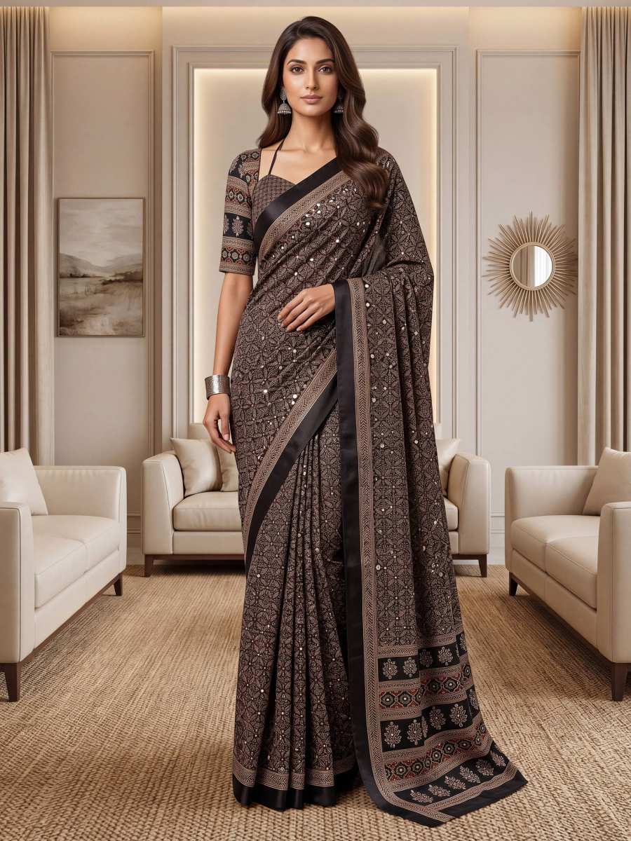 6MODERN CHINON DIGITAL AJRAK PRINT WITH REAL MIRROR WORK SAREE WITH UNSTITCHED BLOUSE PARTY WEAR WHOLESALE PRICE ETHNIC GARMENT (51)