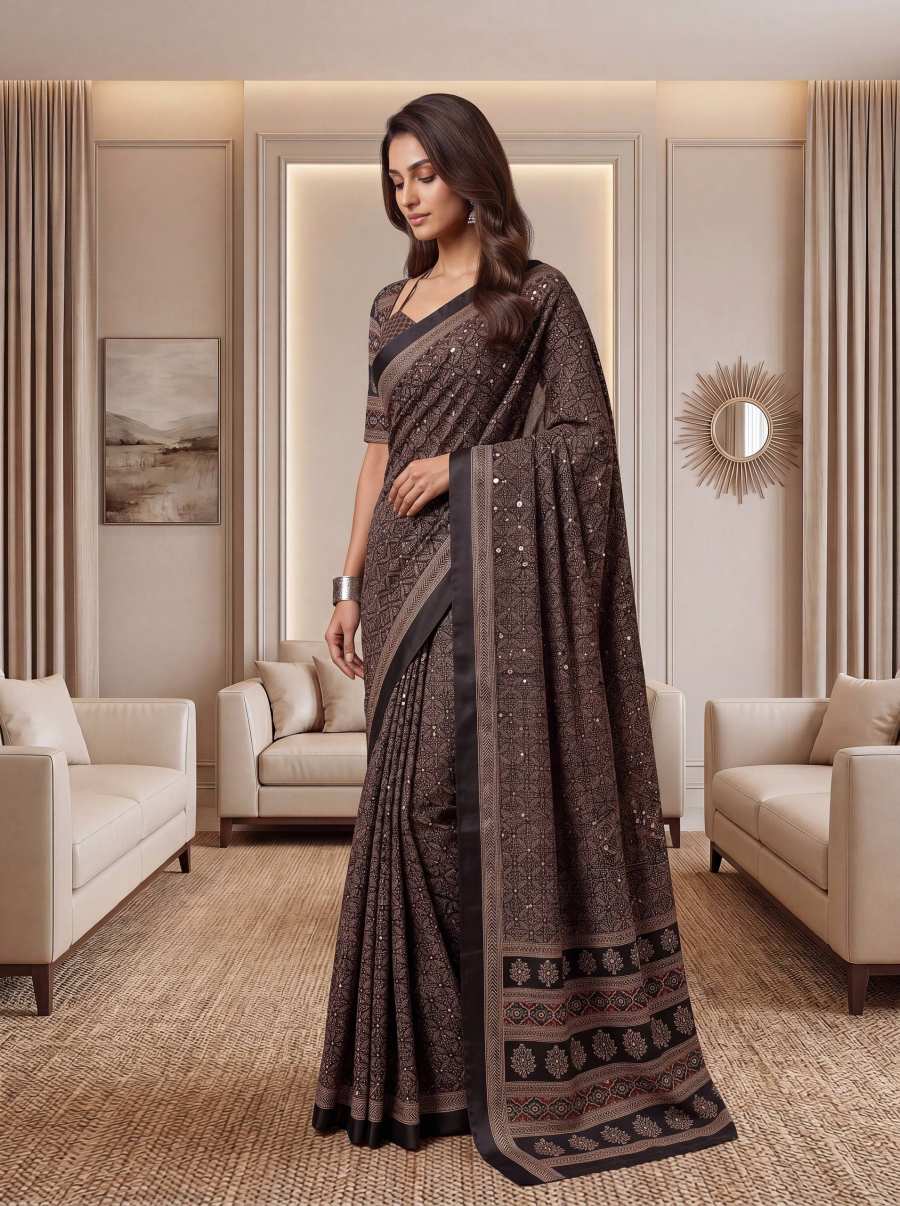 6MODERN CHINON DIGITAL AJRAK PRINT WITH REAL MIRROR WORK SAREE WITH UNSTITCHED BLOUSE PARTY WEAR WHOLESALE PRICE ETHNIC GARMENT (53)