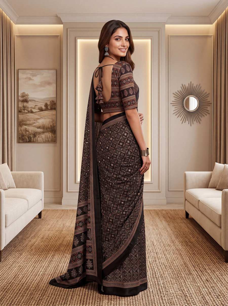6MODERN CHINON DIGITAL AJRAK PRINT WITH REAL MIRROR WORK SAREE WITH UNSTITCHED BLOUSE PARTY WEAR WHOLESALE PRICE ETHNIC GARMENT (54)