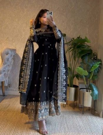 DESIGNER FENDY SILK EMBROIDERY  SEQUENCE WORK GOWN BOTTOM WITH DUPATTA BLACK