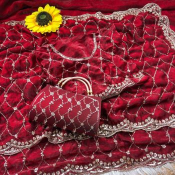 DESIGNER SPACE SILK ORIGINAL GOLD BEADS WORK WITH CUT  WORK BORDER SAREE WITH UNSTITCHED BLOUSE MAROON