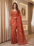 MODERN CHINON DIGITAL AJRAK PRINT WITH REAL MIRROR WORK SAREE WITH UNSTITCHED BLOUSE RED