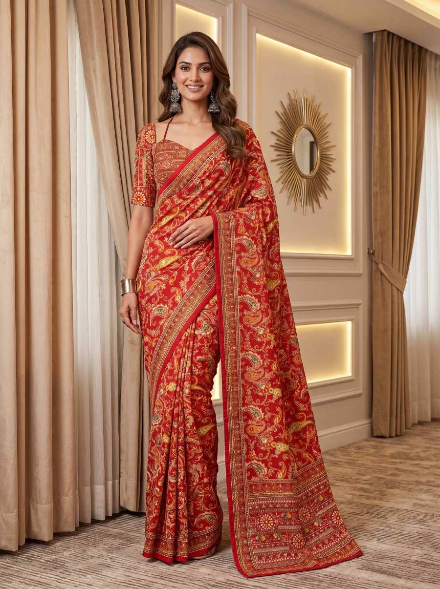 7MODERN CHINON DIGITAL AJRAK PRINT WITH REAL MIRROR WORK SAREE WITH UNSTITCHED BLOUSE PARTY WEAR WHOLESALE PRICE ETHNIC GARMENT (55)