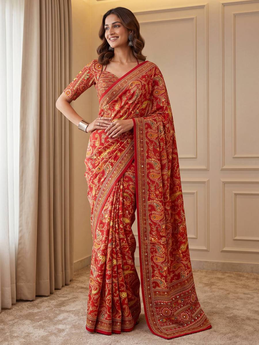 7MODERN CHINON DIGITAL AJRAK PRINT WITH REAL MIRROR WORK SAREE WITH UNSTITCHED BLOUSE PARTY WEAR WHOLESALE PRICE ETHNIC GARMENT (56)