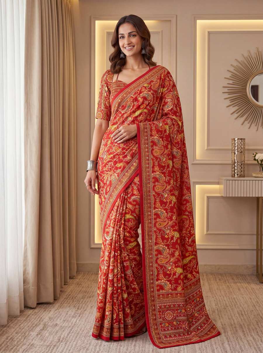 7MODERN CHINON DIGITAL AJRAK PRINT WITH REAL MIRROR WORK SAREE WITH UNSTITCHED BLOUSE PARTY WEAR WHOLESALE PRICE ETHNIC GARMENT (57)