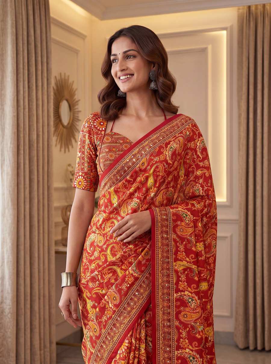 7MODERN CHINON DIGITAL AJRAK PRINT WITH REAL MIRROR WORK SAREE WITH UNSTITCHED BLOUSE PARTY WEAR WHOLESALE PRICE ETHNIC GARMENT (59)