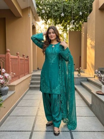 MODERN ROMAN GLASS EMBROIDERY SEQUENCE WORK WITH FANCY CUT WORK TOP PATIYALA WITH DUPATTA RAMA