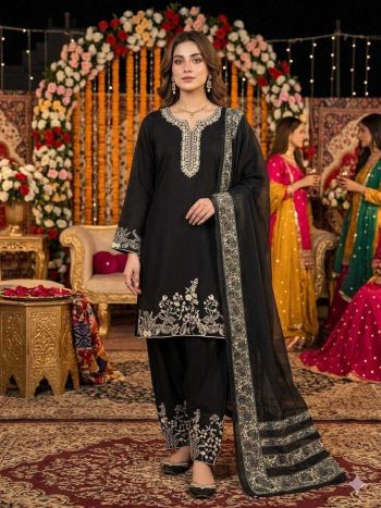 TRENDING RAYON REAL MIRROR WITH EMBROIDERY WORK TOP PALAZZO WITH DUPATTA BLACK