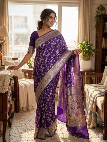 MODERN SILK FLOWERS AND MINA & ZARI WEAVING BORDER WORK SAREE WITH UNSTITCHED BLOUSE PURPLE