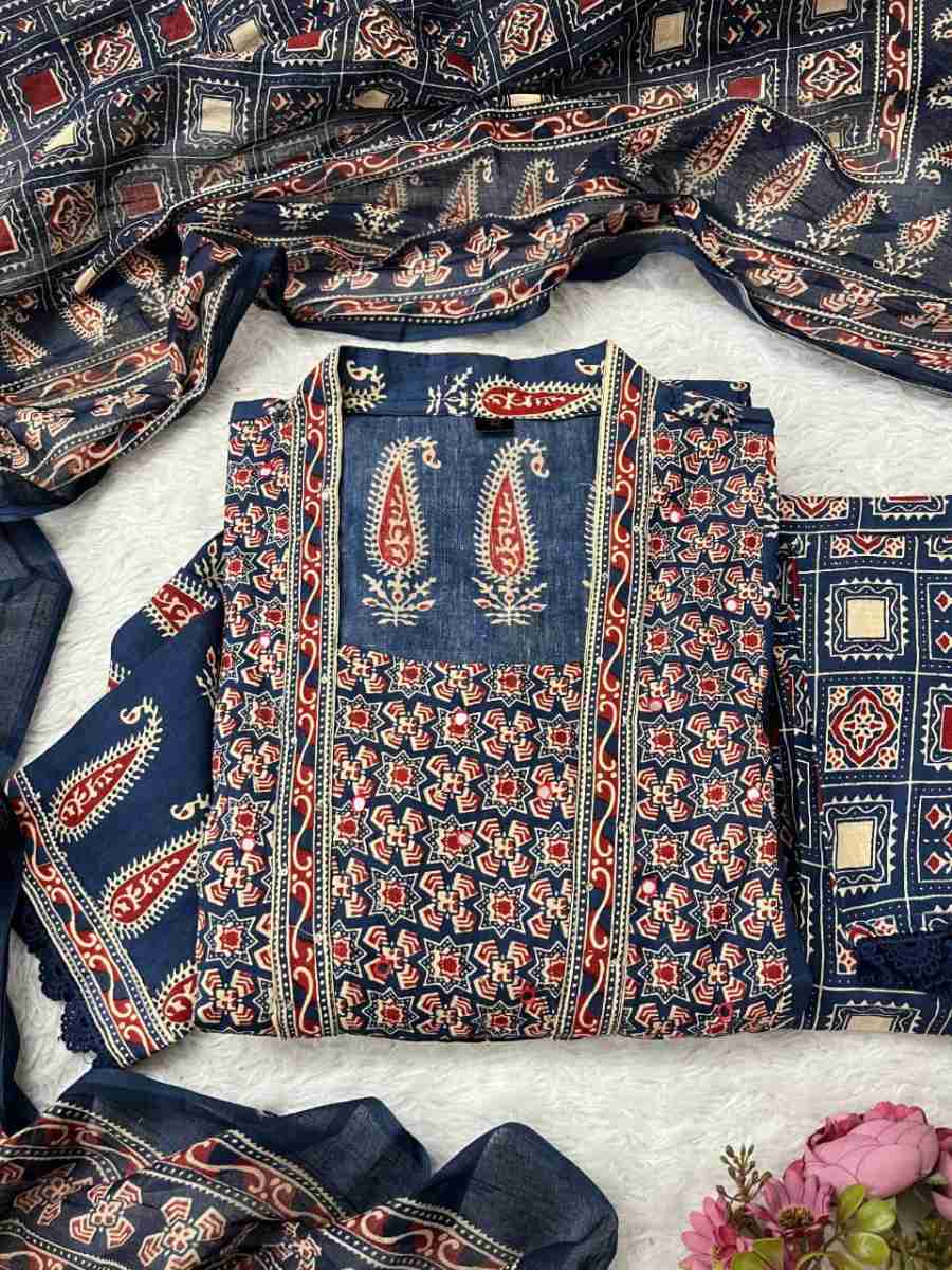 8NEW ARRIVAL COTTON JAIPURI BAGRU PRINT WITH MIRROR WORK TOP BOTTOM WITH DUPATTA FESTIVE WEAR WHOLESALE PRICE ETHNIC GARMENT (16)