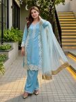 DESIGNER NATURAL SILK EMBROIDRY WORK WITH HEAVY PERAL MOTI HAND WORK TOP PALAZZO WITH DUPATTA SKY