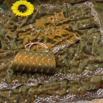 DESIGNER SPACE SILK ORIGINAL GOLD BEADS WORK WITH CUT WORK BORDER SAREE WITH UNSTITCHED BLOUSE MEHNDI