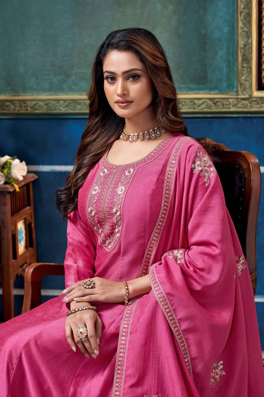 9NEW ARRIVAL VICHITRA SILK EMBROIDERY, SEQUENCE & CODING WORK TOP BOTTOM WITH DUPATTA FESTIVE WEAR WHOLESALE PRICE ETHNIC GARMENT (11)