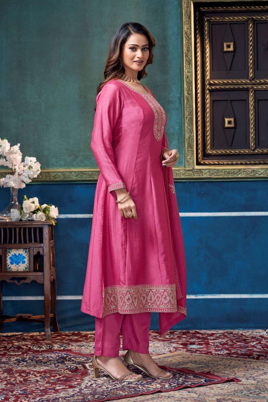 9NEW ARRIVAL VICHITRA SILK EMBROIDERY, SEQUENCE & CODING WORK TOP BOTTOM WITH DUPATTA FESTIVE WEAR WHOLESALE PRICE ETHNIC GARMENT (12)