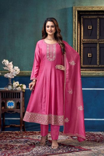 NEW ARRIVAL VICHITRA SILK EMBROIDERY, SEQUENCE & CODING WORK ANARKALI BOTTOM WITH DUPATTA PINK