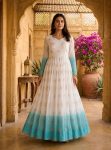 ATTARACTIVE SHADED CRUNCHY PIPE SEQUENCE EMBROIDERY WORK GOWN WHITE AND SKY
