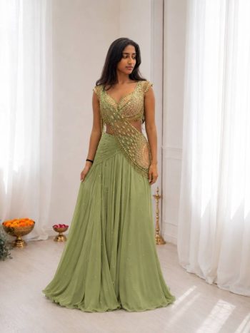 ATTRACTIVE CHINON EMBROIDERY SEQUENCE BUTTA WORK LEHENGA SAREE WITH STITCHED BLOUSE PISTA