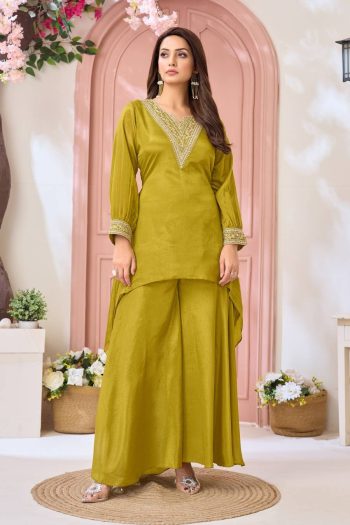 ATTRACTIVE CHINON EMBROIDERY, SEQUENCE & CODING WORK TOP PALAZZO CO-ORD SET LEMON