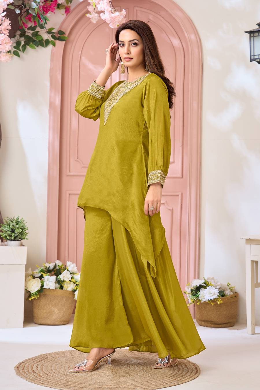 ATTRACTIVE CHINON EMBROIDERY, SEQUENCE & CODING WORK TOP PALAZZO SET PARTY WEAR WHOLESALE PRICE ETHNIC GARMENT (17)