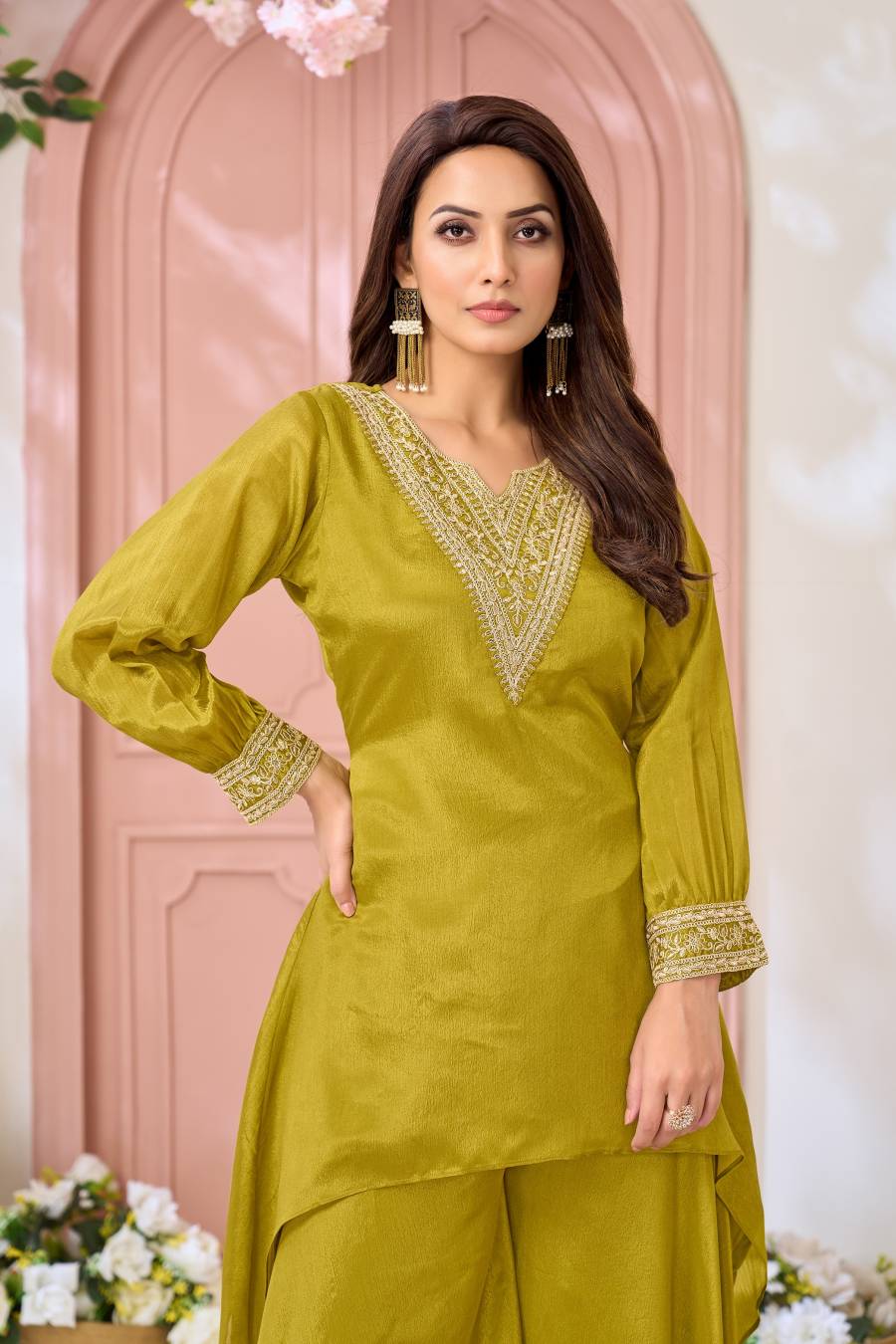 ATTRACTIVE CHINON EMBROIDERY, SEQUENCE & CODING WORK TOP PALAZZO SET PARTY WEAR WHOLESALE PRICE ETHNIC GARMENT (18)