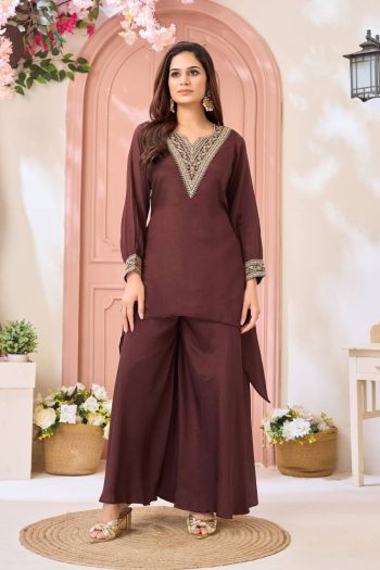 ATTRACTIVE CHINON EMBROIDERY, SEQUENCE & CODING WORK TOP PALAZZO CO-ORD SET BROWN