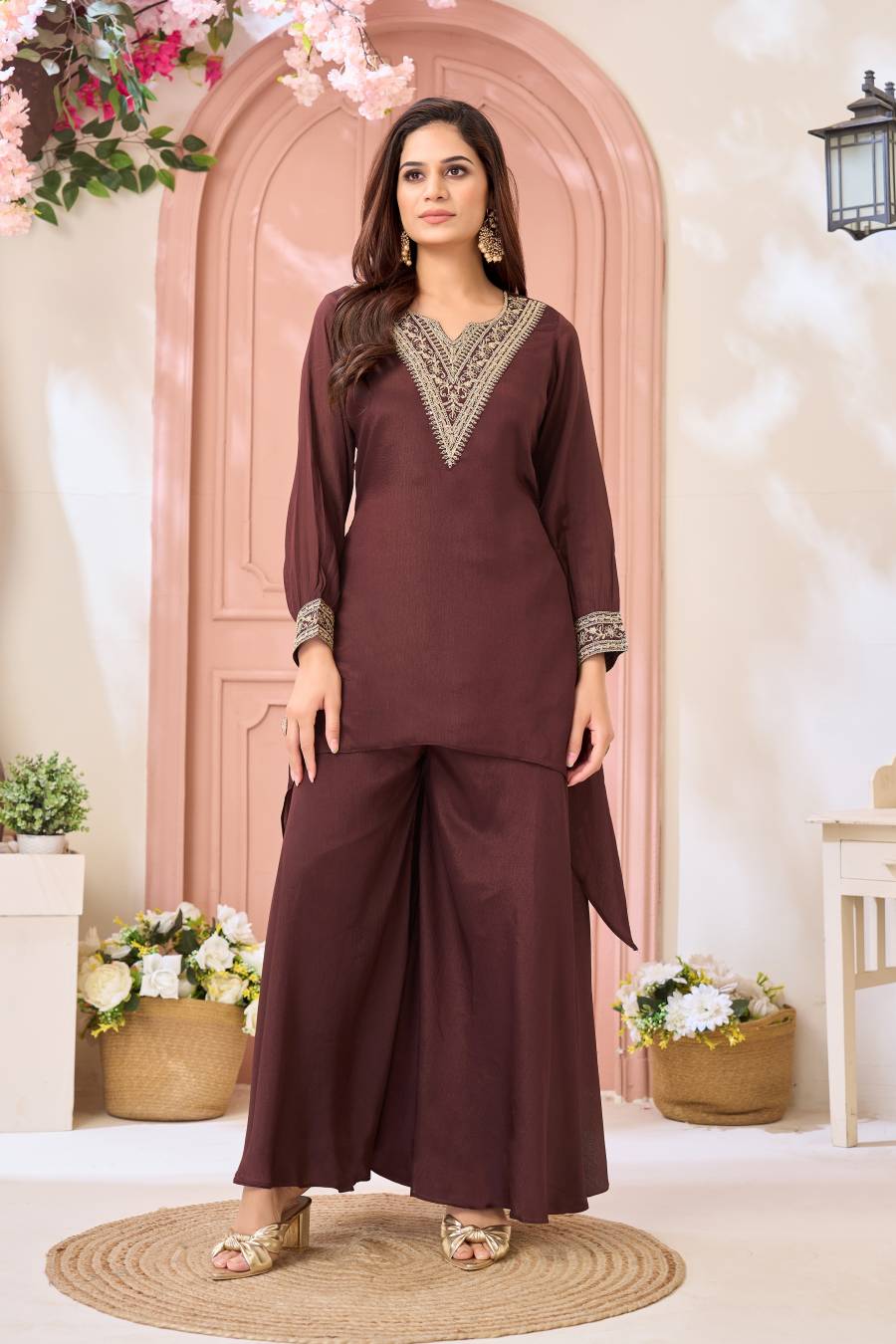 ATTRACTIVE CHINON EMBROIDERY, SEQUENCE & CODING WORK TOP PALAZZO SET PARTY WEAR WHOLESALE PRICE ETHNIC GARMENT (2)