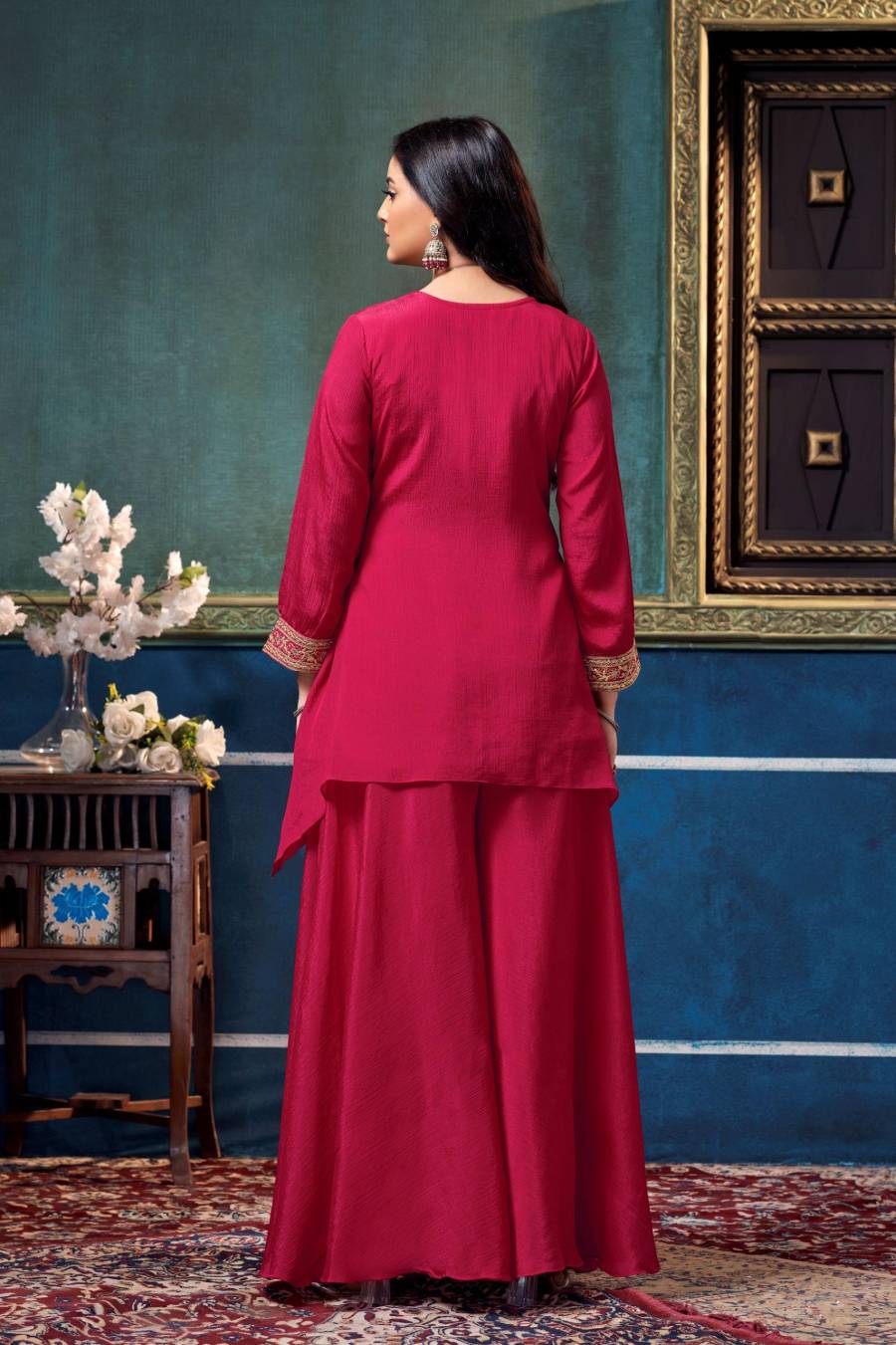 ATTRACTIVE CHINON EMBROIDERY, SEQUENCE & CODING WORK TOP PALAZZO SET PARTY WEAR WHOLESALE PRICE ETHNIC GARMENT (22)