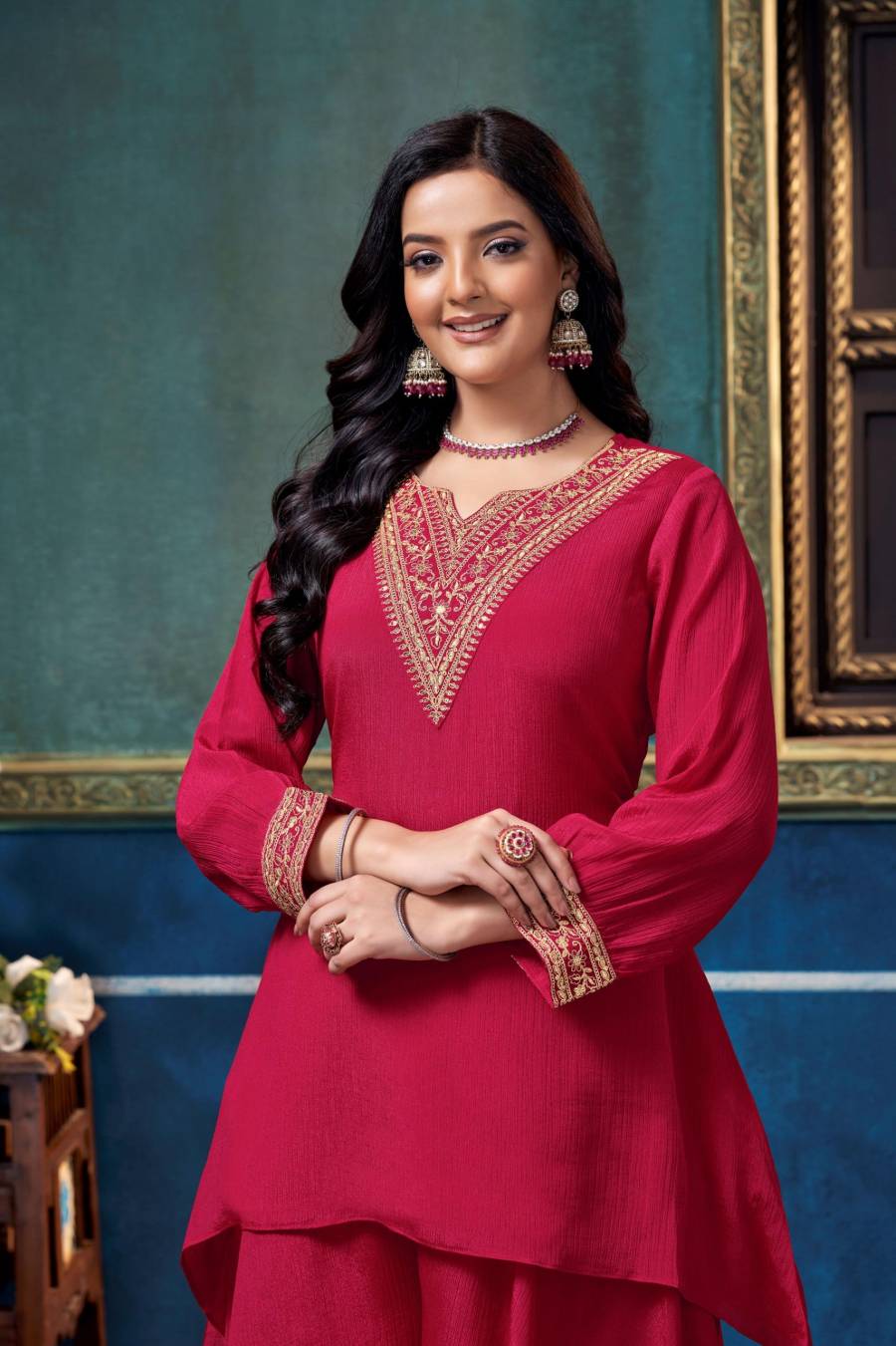 ATTRACTIVE CHINON EMBROIDERY, SEQUENCE & CODING WORK TOP PALAZZO SET PARTY WEAR WHOLESALE PRICE ETHNIC GARMENT (23)