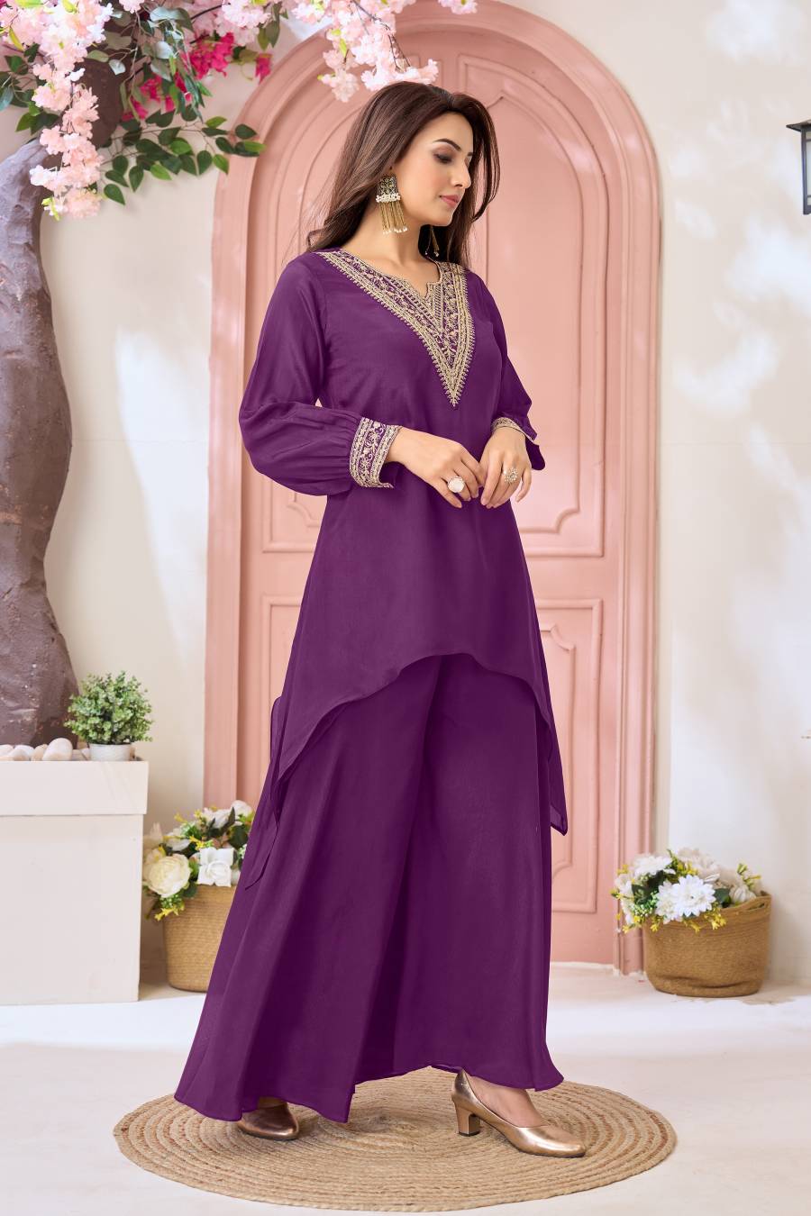 ATTRACTIVE CHINON EMBROIDERY, SEQUENCE & CODING WORK TOP PALAZZO SET PARTY WEAR WHOLESALE PRICE ETHNIC GARMENT (27)