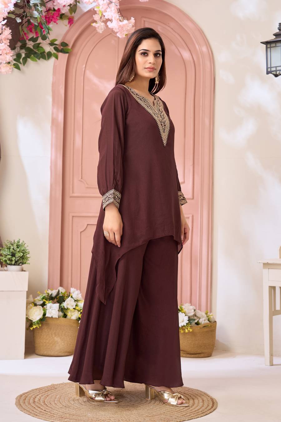 ATTRACTIVE CHINON EMBROIDERY, SEQUENCE & CODING WORK TOP PALAZZO SET PARTY WEAR WHOLESALE PRICE ETHNIC GARMENT (3)