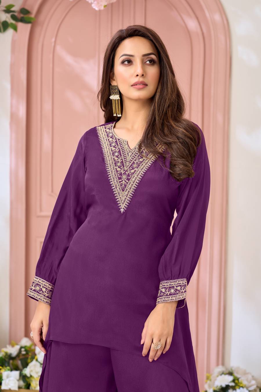 ATTRACTIVE CHINON EMBROIDERY, SEQUENCE & CODING WORK TOP PALAZZO SET PARTY WEAR WHOLESALE PRICE ETHNIC GARMENT (30)