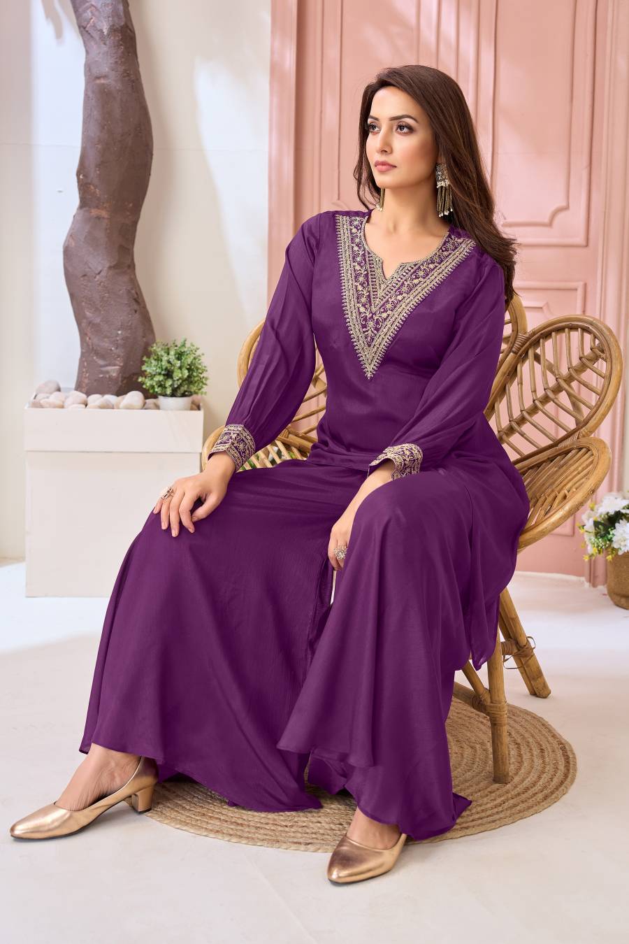 ATTRACTIVE CHINON EMBROIDERY, SEQUENCE & CODING WORK TOP PALAZZO SET PARTY WEAR WHOLESALE PRICE ETHNIC GARMENT (31)