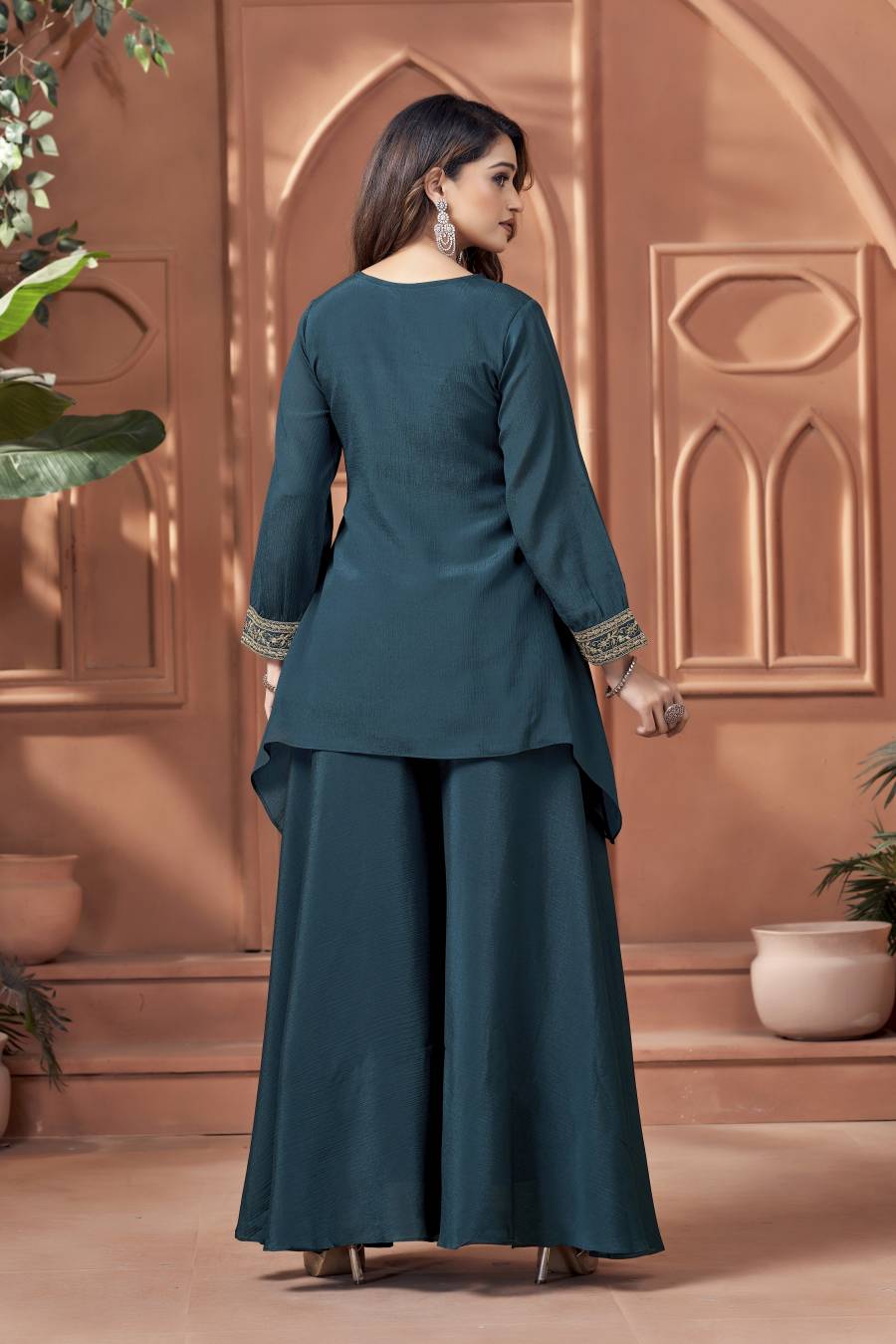 ATTRACTIVE CHINON EMBROIDERY, SEQUENCE & CODING WORK TOP PALAZZO SET PARTY WEAR WHOLESALE PRICE ETHNIC GARMENT (34)