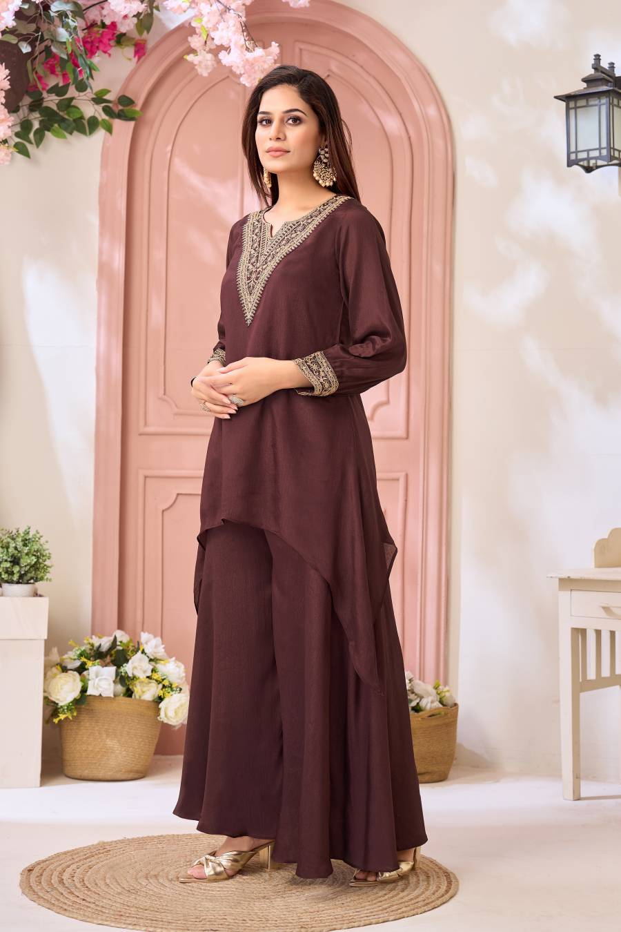 ATTRACTIVE CHINON EMBROIDERY, SEQUENCE & CODING WORK TOP PALAZZO SET PARTY WEAR WHOLESALE PRICE ETHNIC GARMENT (5)