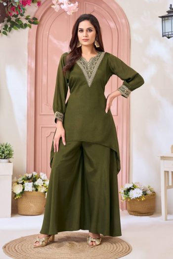 ATTRACTIVE CHINON EMBROIDERY, SEQUENCE & CODING WORK TOP PALAZZO CO-ORD SET MEHNDI