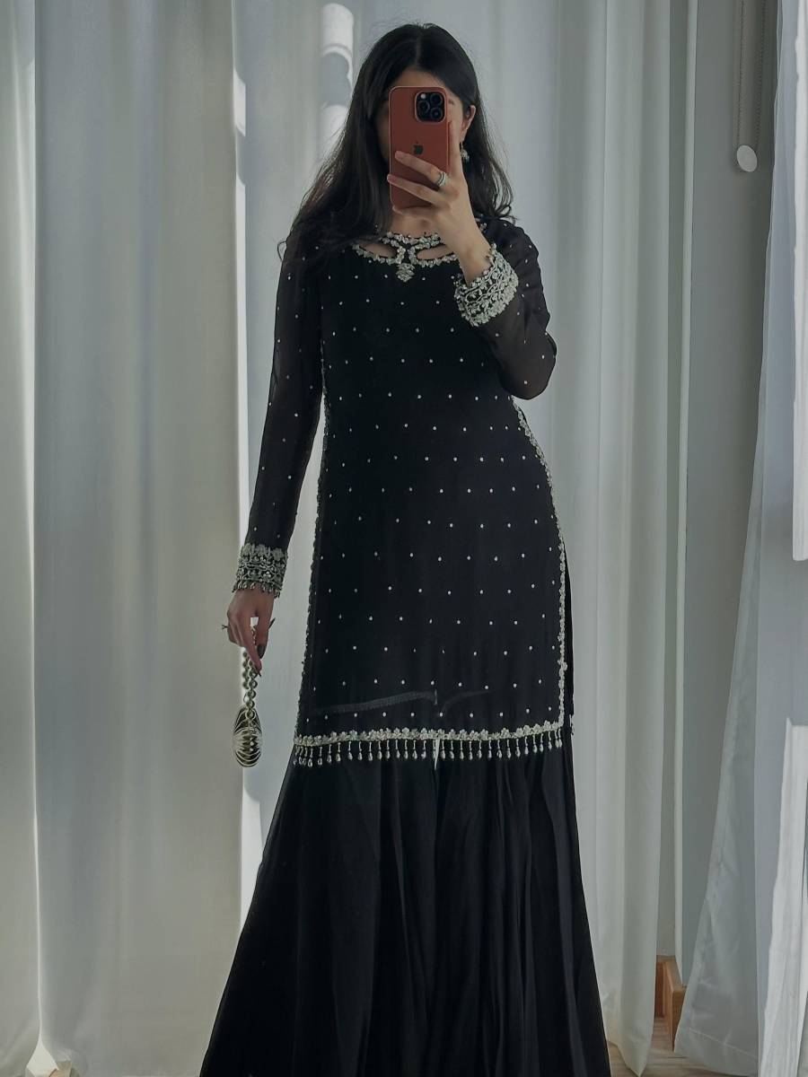 ATTRACTIVE FAUX GEORGETTE EMBROIDERY SEQUENCE WORK TOP SHARARA WITH DUPATTA FESTIVE WEAR WHOLESALE PRICE ETHNIC GARMENT (10)