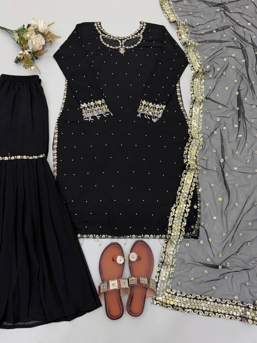 ATTRACTIVE FAUX GEORGETTE EMBROIDERY SEQUENCE WORK TOP SHARARA WITH DUPATTA FESTIVE WEAR WHOLESALE PRICE ETHNIC GARMENT (11)