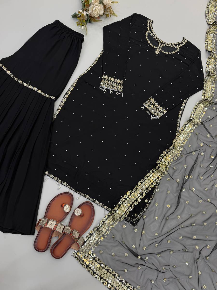 ATTRACTIVE FAUX GEORGETTE EMBROIDERY SEQUENCE WORK TOP SHARARA WITH DUPATTA FESTIVE WEAR WHOLESALE PRICE ETHNIC GARMENT (13)