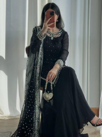 ATTRACTIVE FAUX GEORGETTE EMBROIDERY SEQUENCE WORK TOP SHARARA WITH DUPATTA BLACK