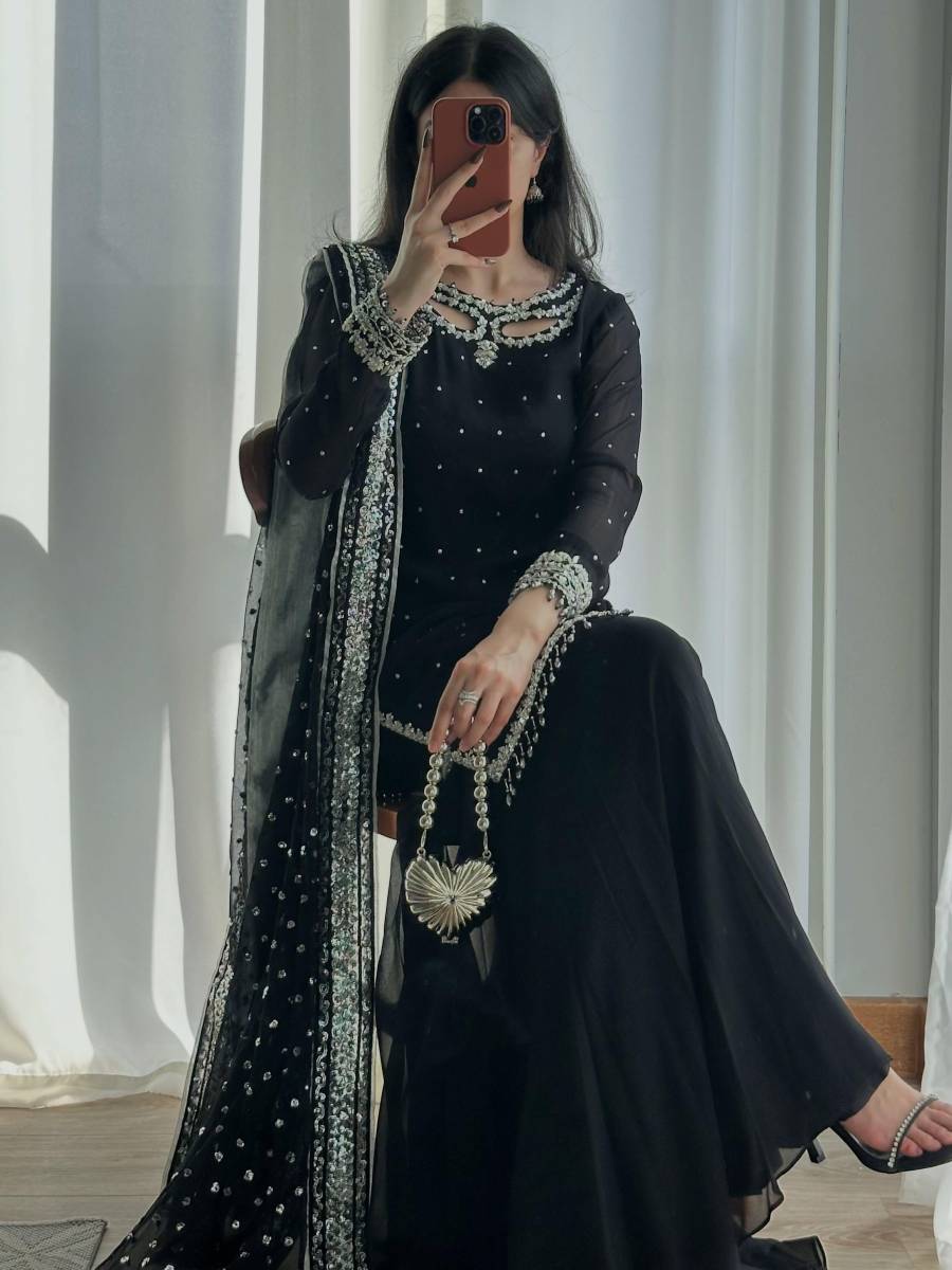 ATTRACTIVE FAUX GEORGETTE EMBROIDERY SEQUENCE WORK TOP SHARARA WITH DUPATTA FESTIVE WEAR WHOLESALE PRICE ETHNIC GARMENT (9)