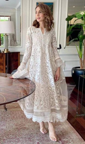 ATTRACTIVE ORGANZA CHAIN STITCHED HEAVY WORK GOWN WITH DUPATTA WHITE
