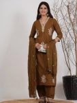 ATTRACTIVE ROMAN SILK EMBROIDERY WORK TOP BOTTOM WITH DUPATTA MEHNDI