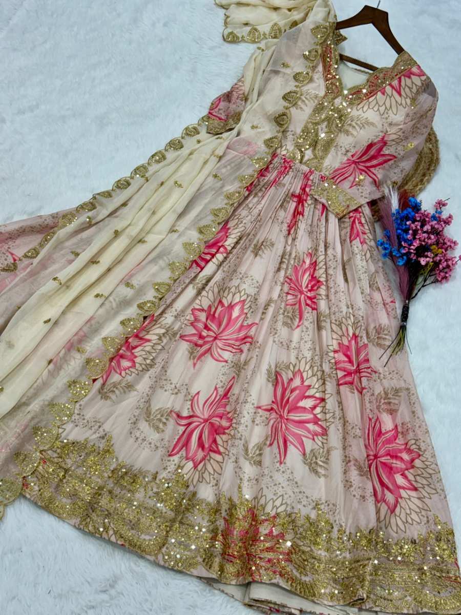 ATTRACTIVE RUSSIAN SILK DIGITAL PRINTED WITH EMBROIDERY ZARI SQUENCE WORK GOWN WITH DUPATTA WEDDING WEAR WHOLESALE PRICE ETHNIC GARMENT (1)