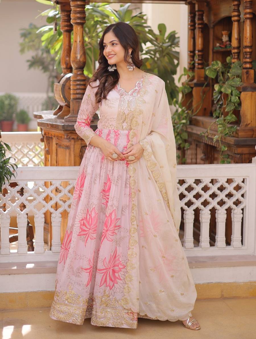 ATTRACTIVE RUSSIAN SILK DIGITAL PRINTED WITH EMBROIDERY ZARI SQUENCE WORK GOWN WITH DUPATTA WEDDING WEAR WHOLESALE PRICE ETHNIC GARMENT (3)