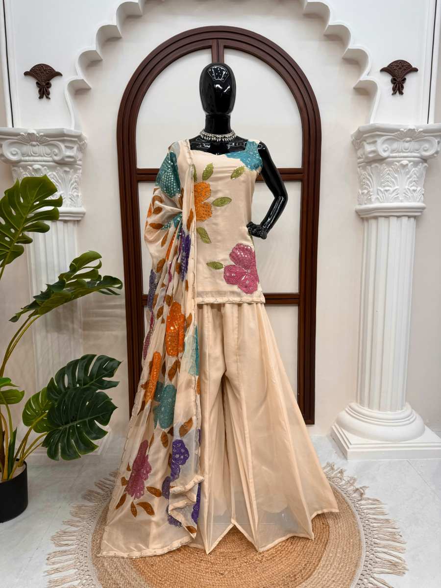 ATTRACTIVE TABBY ORGANZA SILK BRUSH PRINT WITH INTRICATE SEQUNCE WORK TOP PALAZZO WITH DUPATTA CASUAL WEAR WHOLESALE PRICE ETHNIC GARMENT (7)